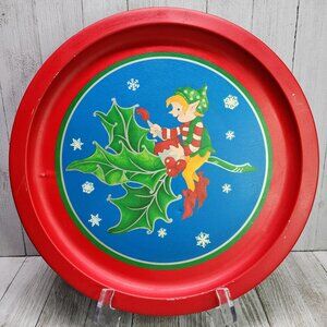Vintage Christmas Metal Tin Serving Cookie Tray Plate Elf Design 12'' Round 91